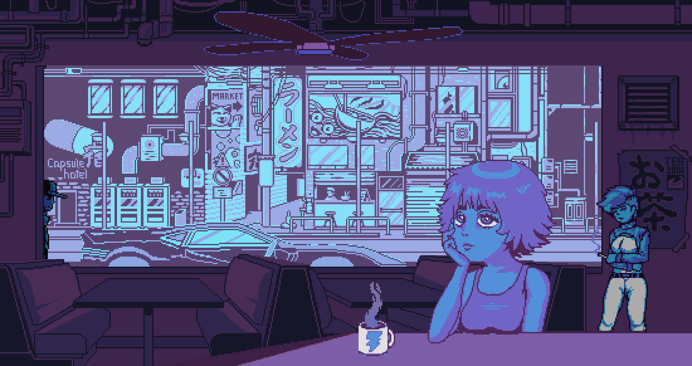 Animated lofi room pixel art scene